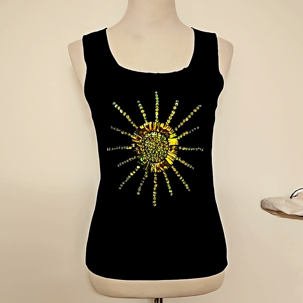 Lucia Burns black sleeveless tank yellow iridescent sequin sun graphic Med. EUC